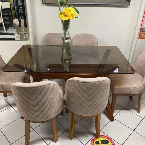 Juego de Comedor tablero de cristal bronce, base y sillas de madera 6 Personas Detalles 1